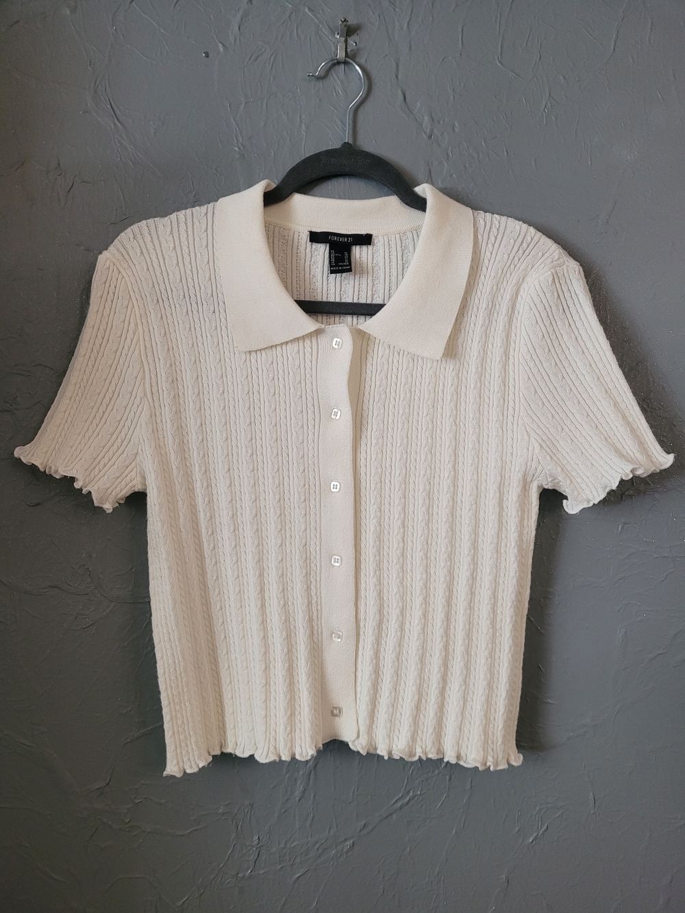 Forever 21 Women's Short-Sleeve Ribbed Button-Up Polo Sweater Top XL